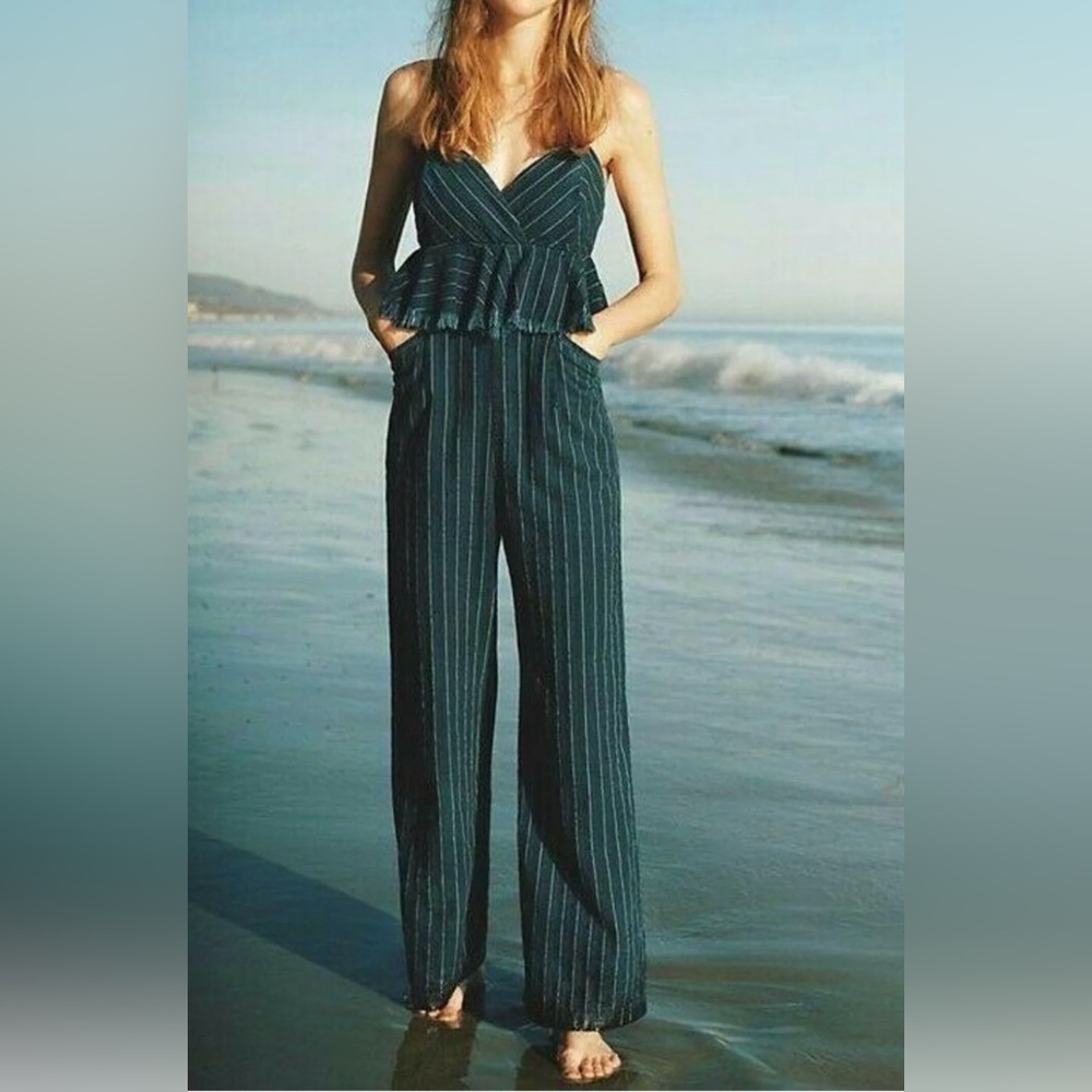 Anthropologie Striped Denim Sleeveless Jumpsuit  with Peplum